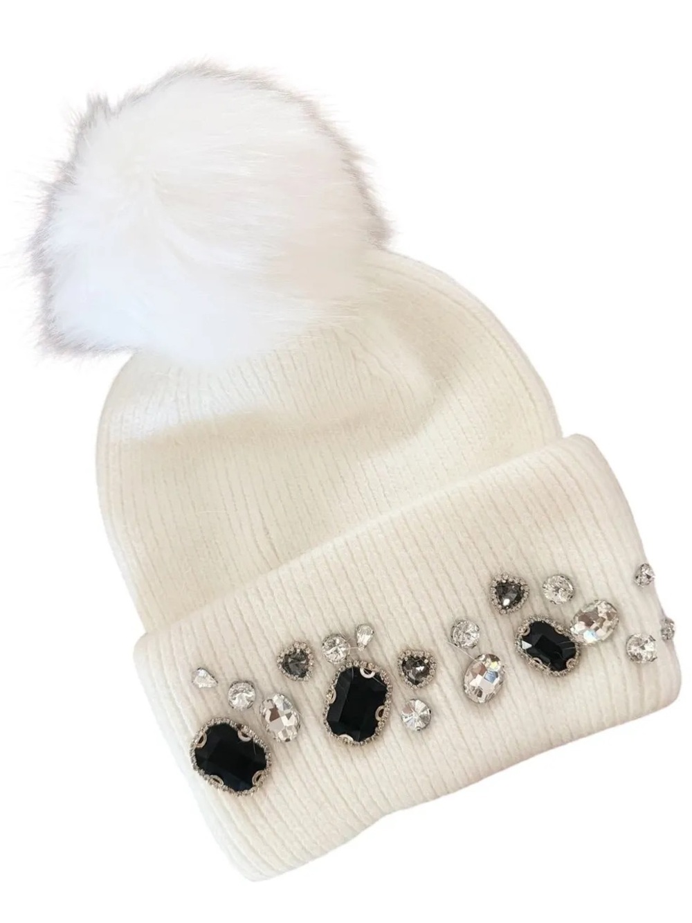 Crystal Knit w/ Pom Beanie (White) • $95 Adrienne Landau NWT